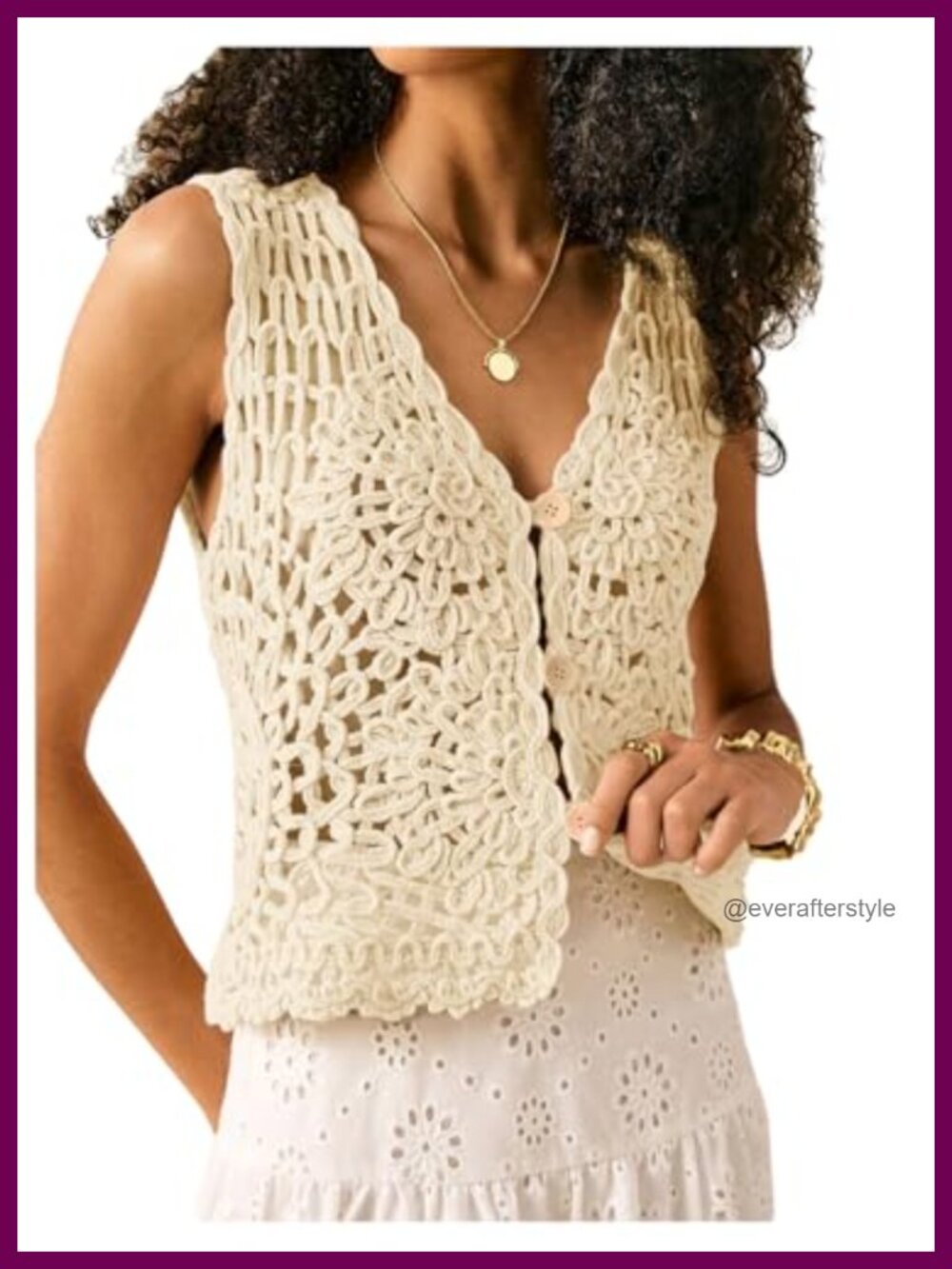 Boho Crochet Vest Button Up V Neck Sleeveless Tank Top